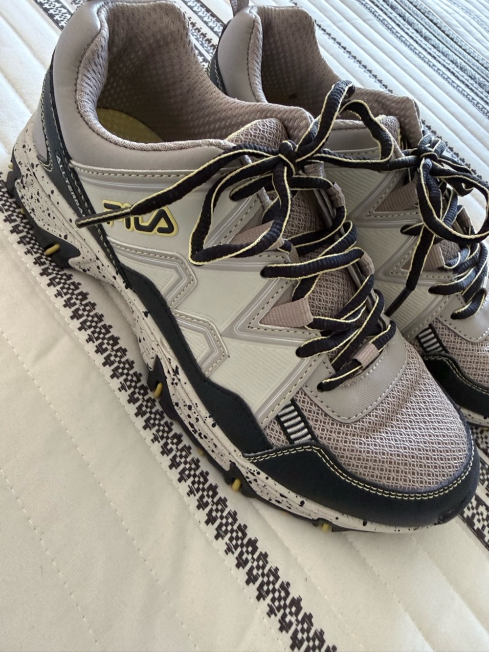 Fila Trail-Style Sneakers in Light Gray, Black & Yellow